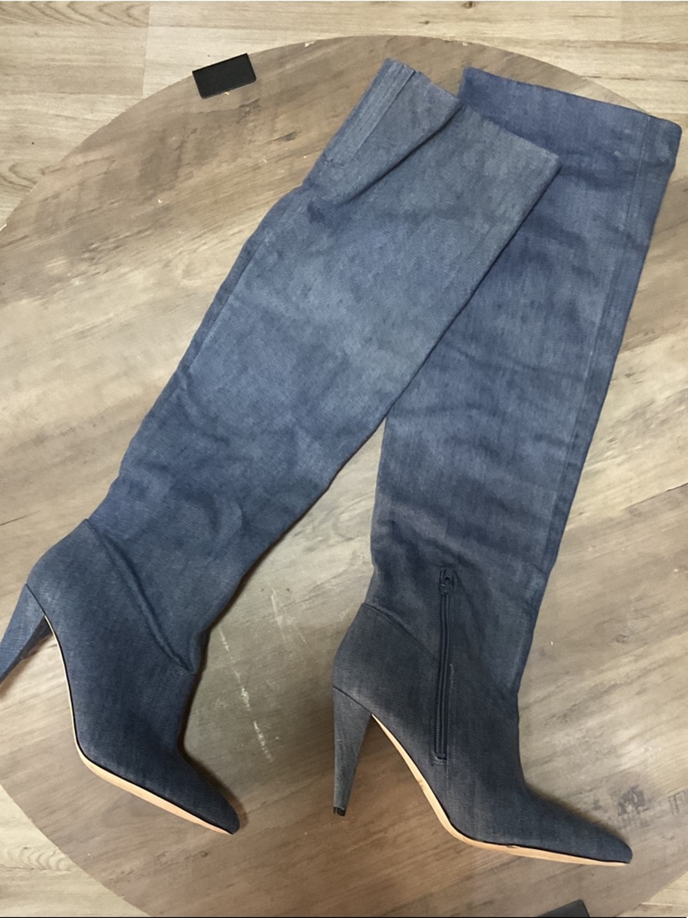 Guess Denim-Style Over-the-Knee Pointed-Toe Heeled Boots in Blue